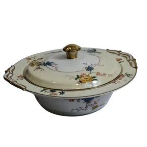 Vintage B & C Limoges Lidded Serving Dish Cream w/Floral Decor & Gold Trim